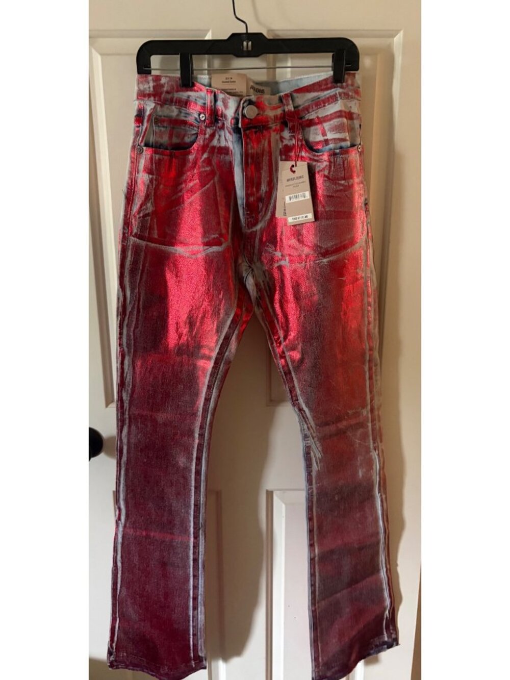 New Men's Armour Jeans Size 36 Metallic Red Stacked Denim Distressed Streetwear